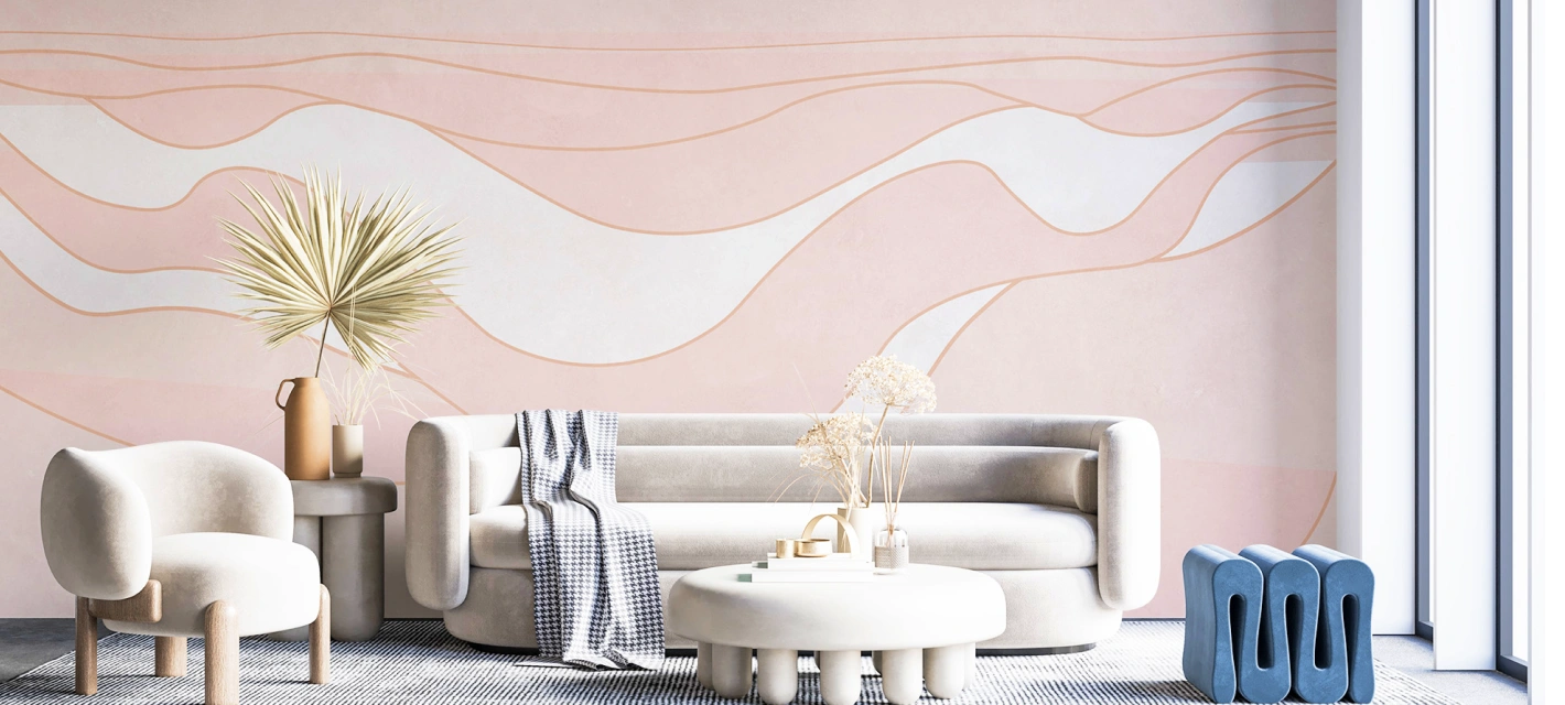 Wave big mural geometric pink wallpaper at living room